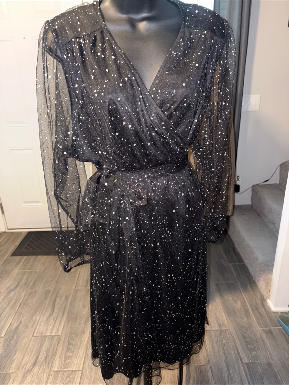 Red Dot boutique Black Sparkle Wrap Midi Dress with Sheer Sleeves 4X